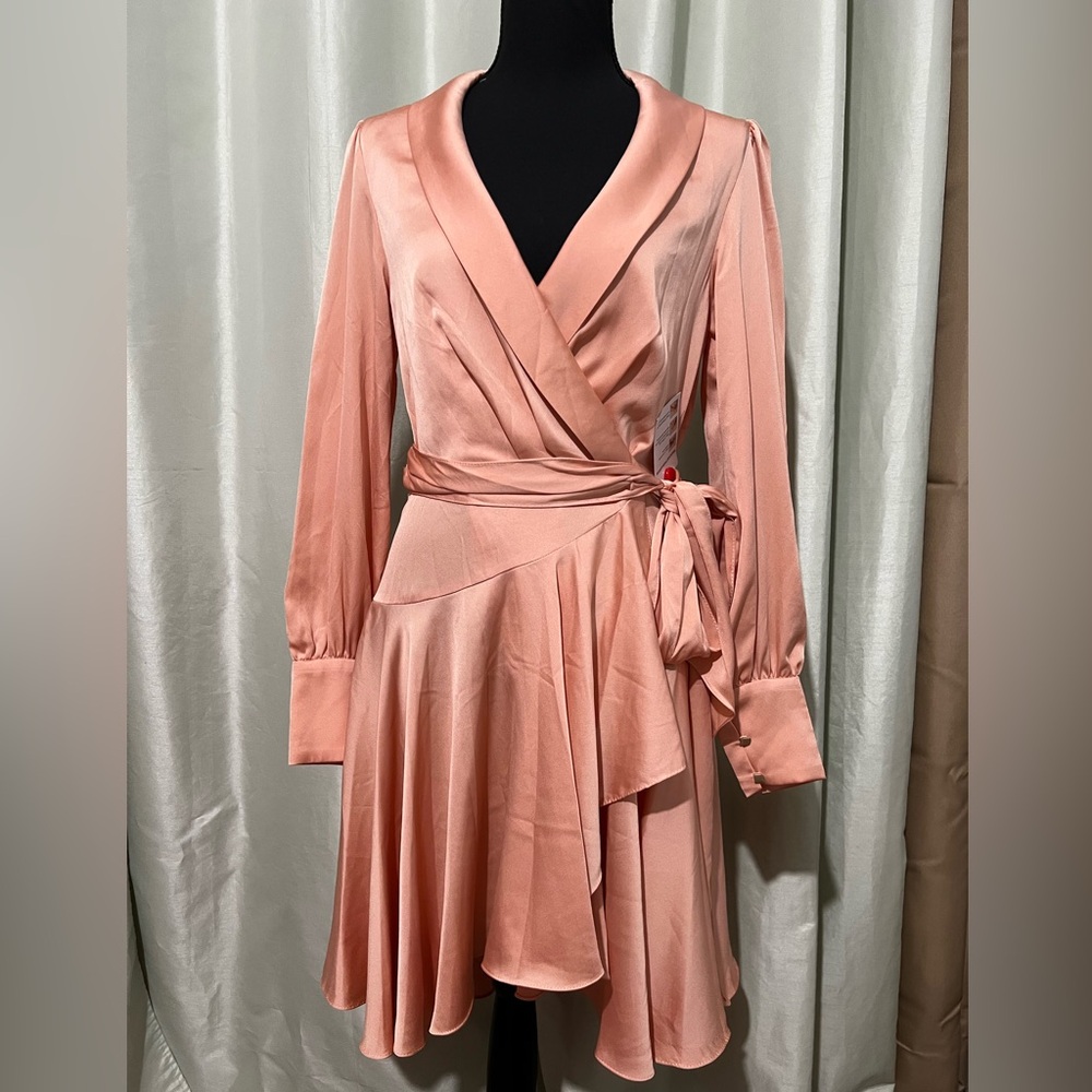 Mac Duggal Elegant salmon Peach Wrap‎ Dress high low Style #70135 size 2 NWT - Picture 2 of 11